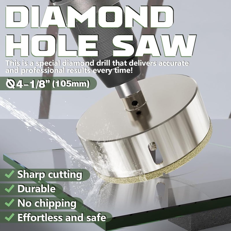 CSOOM 4-1/8"(105mm) Diamond Hole Saw with Center Drill Bit, One-Touch Positioning, Easy to Penetrate Hard Materials Such as Ceramic, Tile, Glass, Granite, Marble, etc. - Image 3